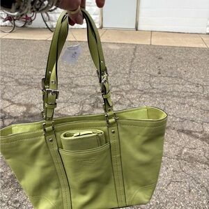 Coach Green Shoulder Bag with Textured Canvas and Open-Top Design